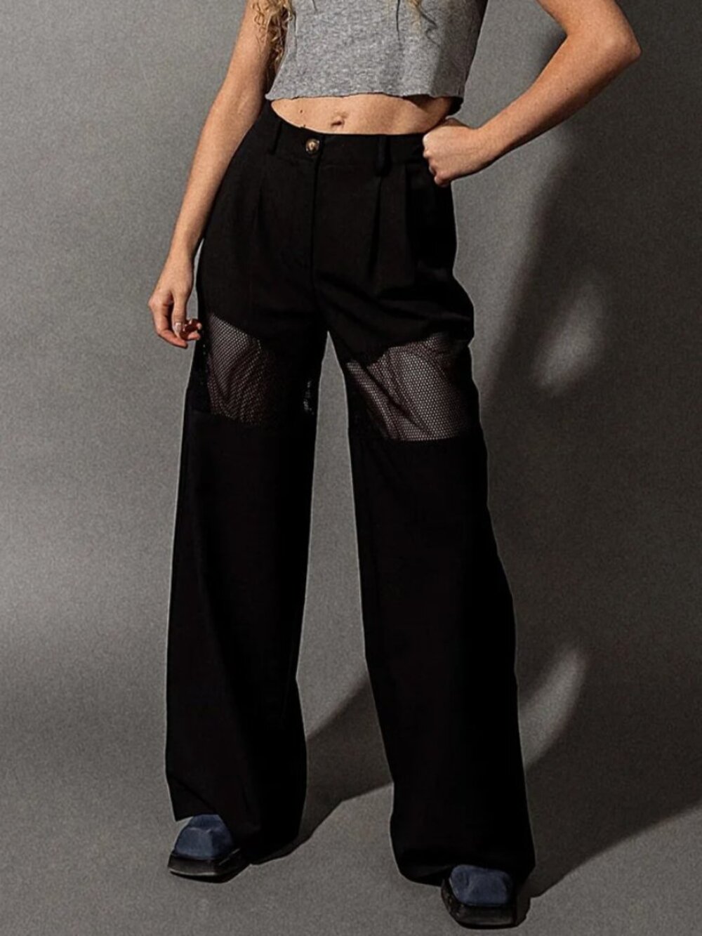 Dressed in Lala Black Widow Mesh Panel Wide Leg Pants Size S